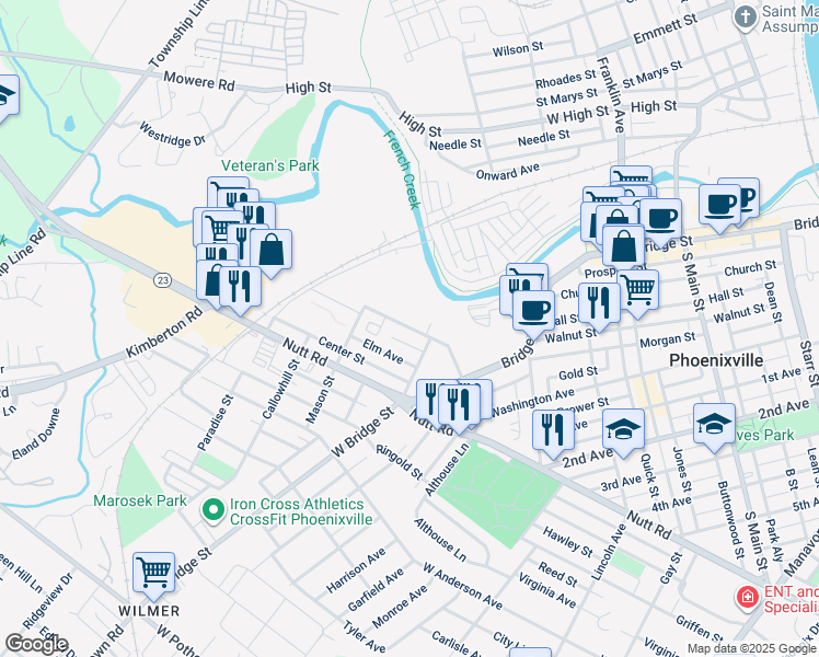 map of restaurants, bars, coffee shops, grocery stores, and more near 720 Wheatland Street in Phoenixville