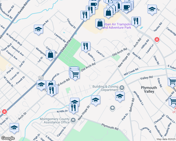 map of restaurants, bars, coffee shops, grocery stores, and more near 2120 Old Arch Road in Norristown