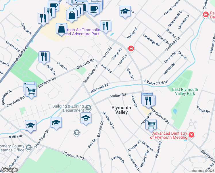 map of restaurants, bars, coffee shops, grocery stores, and more near 202 Mill Creek Road in Plymouth Meeting