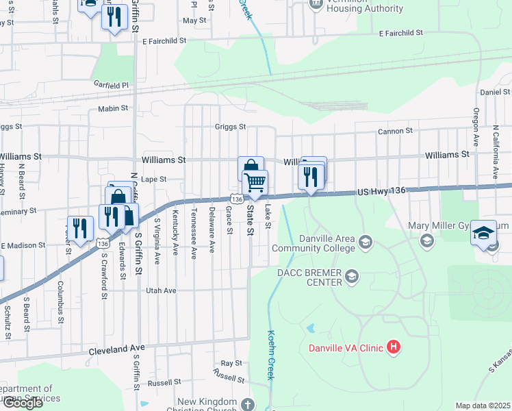 map of restaurants, bars, coffee shops, grocery stores, and more near 98 Lake Street in Danville