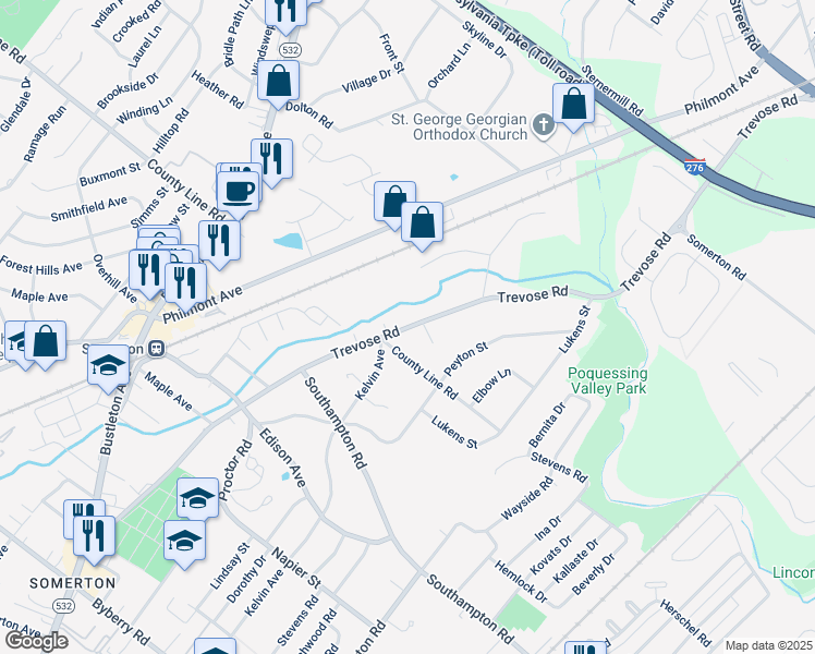 map of restaurants, bars, coffee shops, grocery stores, and more near 16 Trevose Road in Feasterville-Trevose