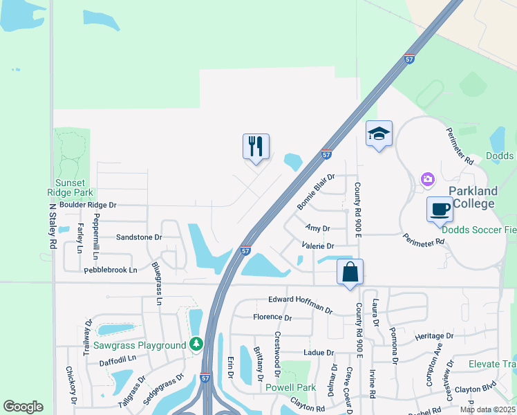 map of restaurants, bars, coffee shops, grocery stores, and more near 3413 Stoneway Court in Champaign