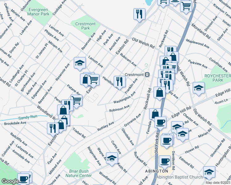 map of restaurants, bars, coffee shops, grocery stores, and more near 1566 Prospect Avenue in Willow Grove