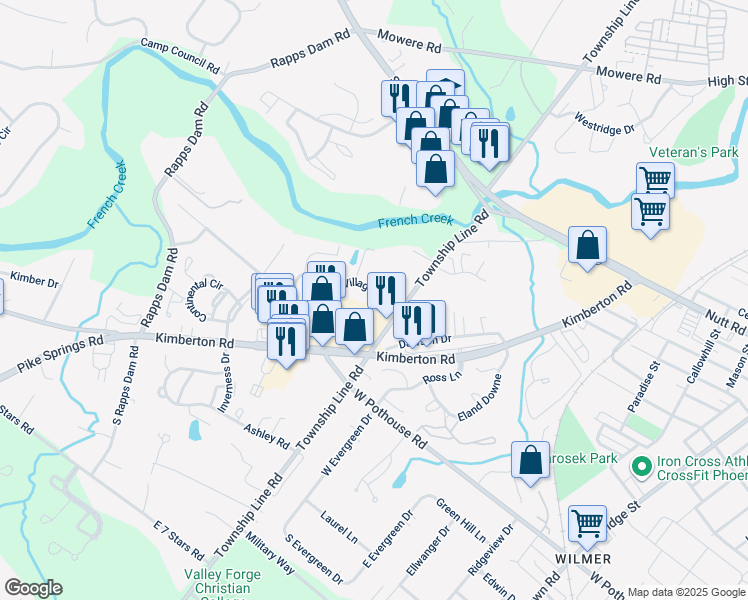 map of restaurants, bars, coffee shops, grocery stores, and more near 115 Village Way in Phoenixville