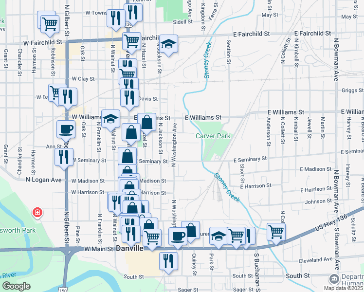 map of restaurants, bars, coffee shops, grocery stores, and more near 401 North Washington Avenue in Danville