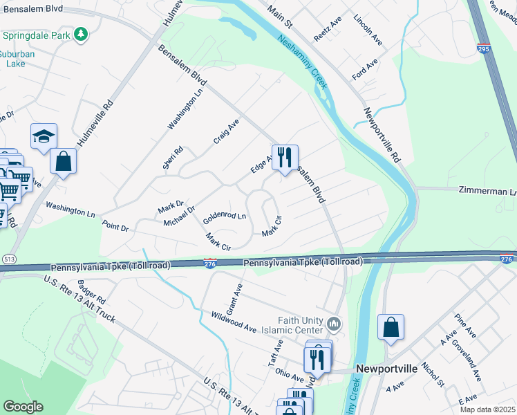 map of restaurants, bars, coffee shops, grocery stores, and more near 1130 Daisy Lane in Bucks County