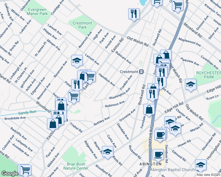 map of restaurants, bars, coffee shops, grocery stores, and more near 1566 Prospect Avenue in Willow Grove