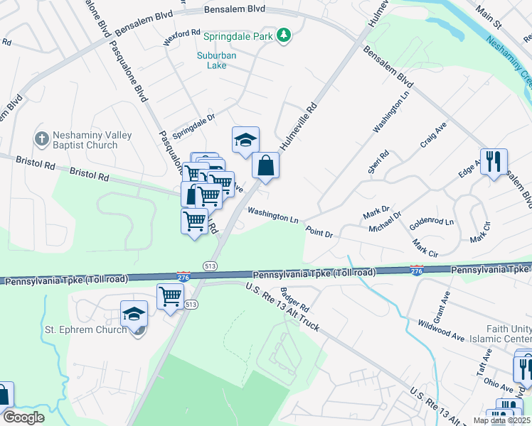 map of restaurants, bars, coffee shops, grocery stores, and more near 2113 Washington Lane in Bensalem
