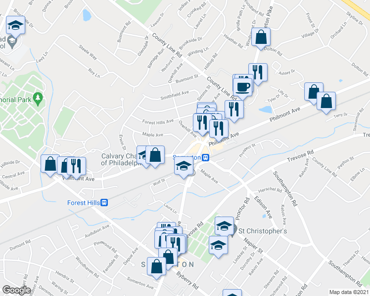 map of restaurants, bars, coffee shops, grocery stores, and more near 13555 Philmont Avenue in Philadelphia