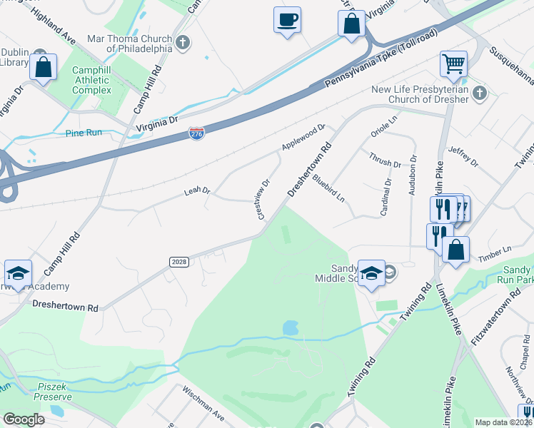 map of restaurants, bars, coffee shops, grocery stores, and more near 490 Dreshertown Road in Fort Washington