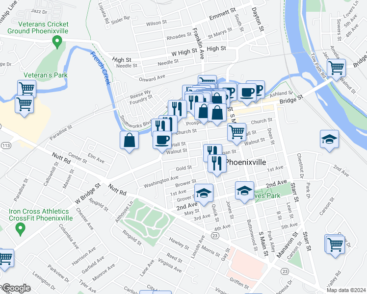 map of restaurants, bars, coffee shops, grocery stores, and more near 354 Walnut Street in Phoenixville