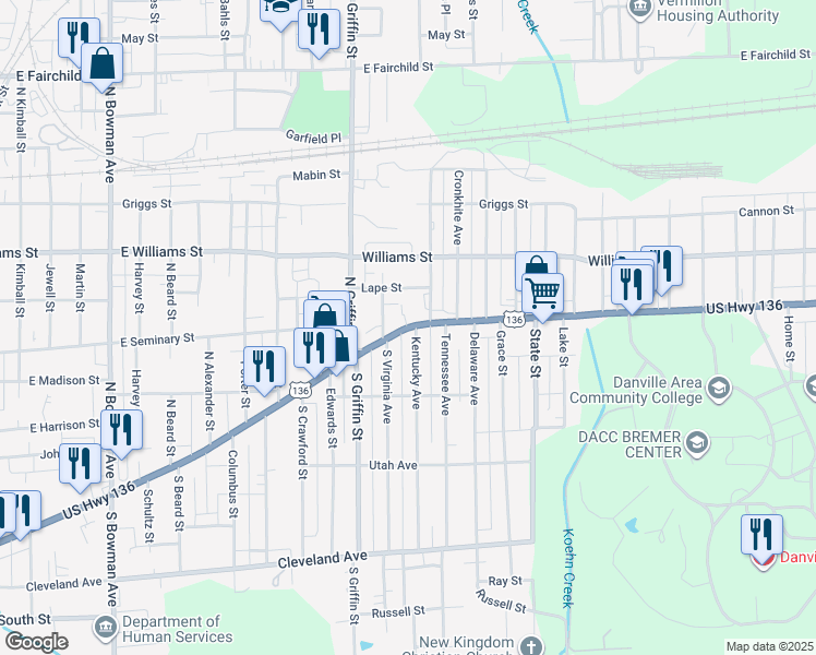 map of restaurants, bars, coffee shops, grocery stores, and more near 24 Kentucky Avenue in Danville