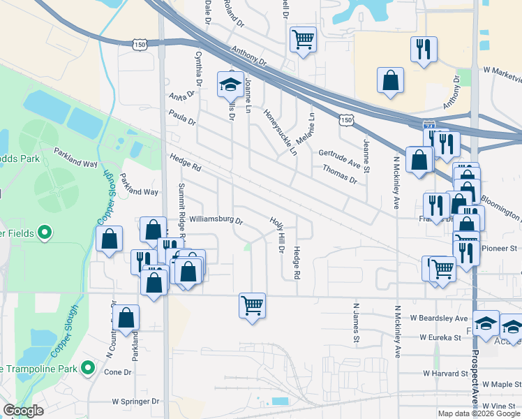 map of restaurants, bars, coffee shops, grocery stores, and more near 1508 Holly Hill Drive in Champaign