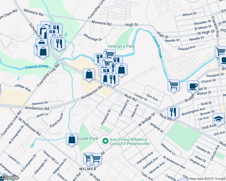 map of restaurants, bars, coffee shops, grocery stores, and more near 656 Nutt Road in Phoenixville