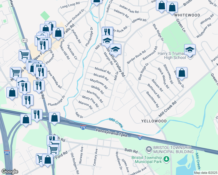map of restaurants, bars, coffee shops, grocery stores, and more near 18 Middle Road in Levittown