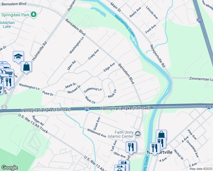 map of restaurants, bars, coffee shops, grocery stores, and more near 1130 Daisy Lane in Bucks County