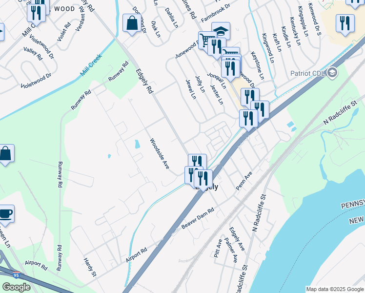 map of restaurants, bars, coffee shops, grocery stores, and more near 1821 Edgely Road in Levittown
