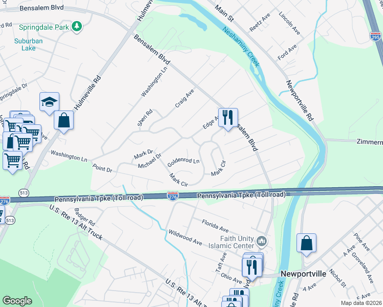 map of restaurants, bars, coffee shops, grocery stores, and more near 1206 Primrose Lane in Bensalem
