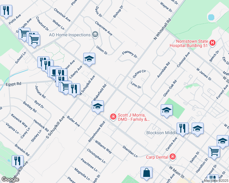 map of restaurants, bars, coffee shops, grocery stores, and more near in West Norriton