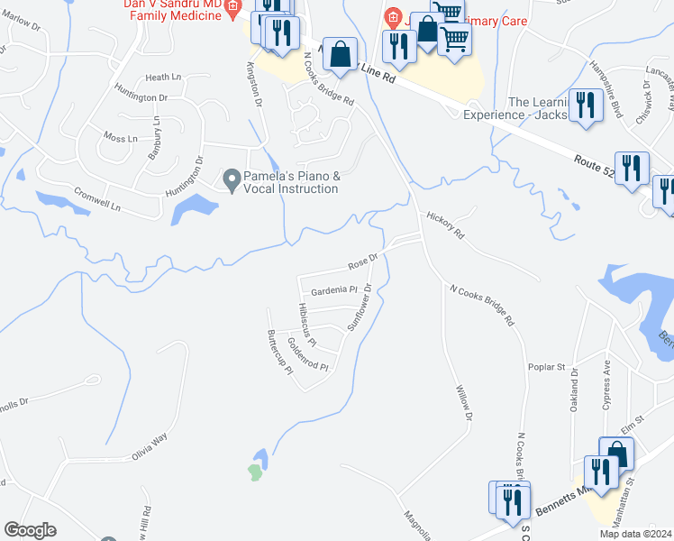 map of restaurants, bars, coffee shops, grocery stores, and more near 1 Rose Drive in Jackson