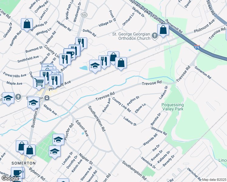 map of restaurants, bars, coffee shops, grocery stores, and more near 12 Trevose Road in Trevose