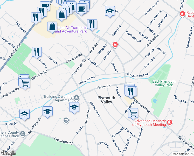 map of restaurants, bars, coffee shops, grocery stores, and more near 110 Mill Creek Road in Plymouth Meeting