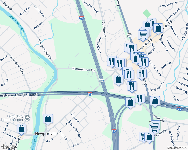 map of restaurants, bars, coffee shops, grocery stores, and more near 237 Zimmerman Lane in Langhorne