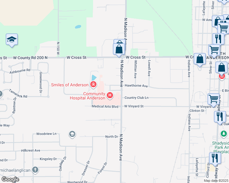 map of restaurants, bars, coffee shops, grocery stores, and more near 1641 North Madison Avenue in Anderson