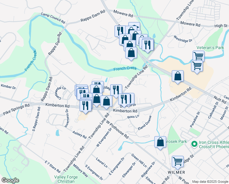 map of restaurants, bars, coffee shops, grocery stores, and more near 115 Village Way in Phoenixville