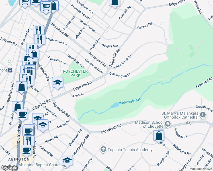 map of restaurants, bars, coffee shops, grocery stores, and more near 1935 Acorn Lane in Abington