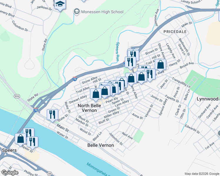 map of restaurants, bars, coffee shops, grocery stores, and more near 608 Broad Avenue in Belle Vernon