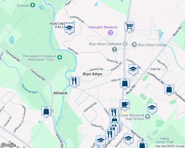 map of restaurants, bars, coffee shops, grocery stores, and more near in Bryn Athyn