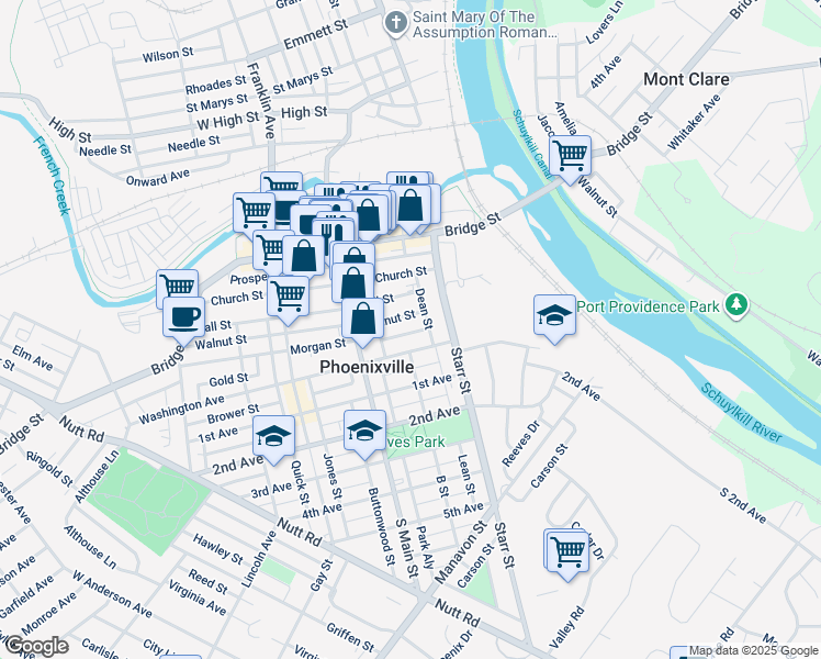 map of restaurants, bars, coffee shops, grocery stores, and more near 17 Morgan Street in Phoenixville