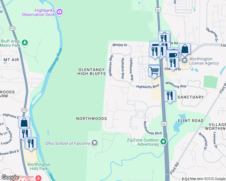 map of restaurants, bars, coffee shops, grocery stores, and more near 8261 Northwoods Court in Columbus