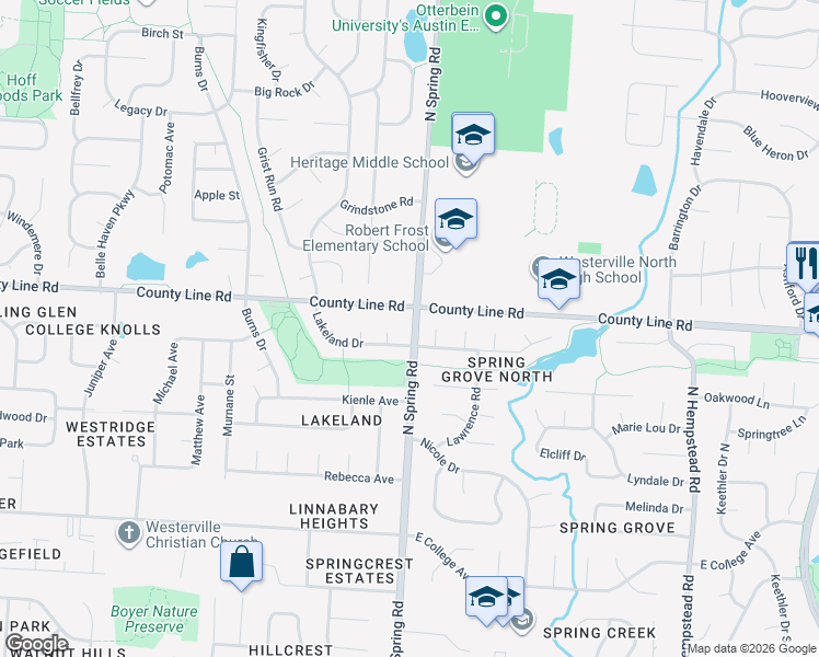 map of restaurants, bars, coffee shops, grocery stores, and more near 781 Lakeland Drive in Westerville