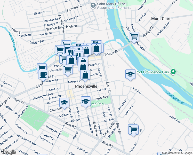 map of restaurants, bars, coffee shops, grocery stores, and more near 17 Morgan Street in Phoenixville