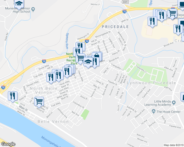 map of restaurants, bars, coffee shops, grocery stores, and more near 112 Fayette Street in Belle Vernon