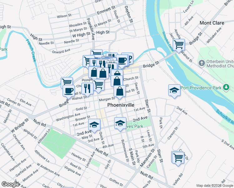 map of restaurants, bars, coffee shops, grocery stores, and more near 218 Morgan Street in Phoenixville