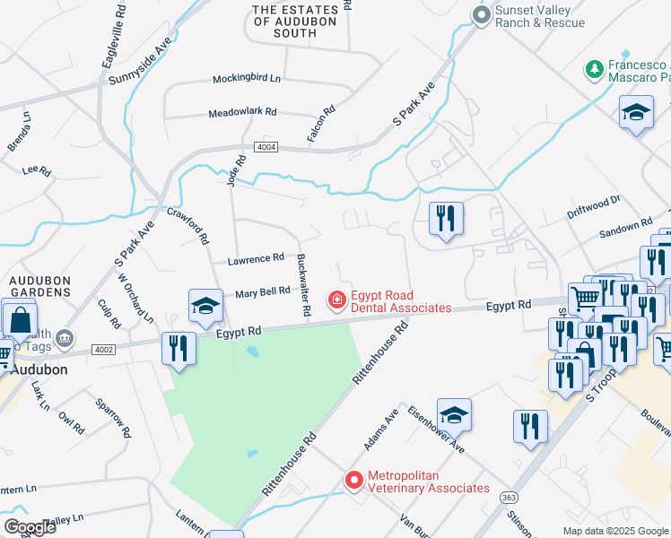 map of restaurants, bars, coffee shops, grocery stores, and more near 27 Schara Lane in Audubon