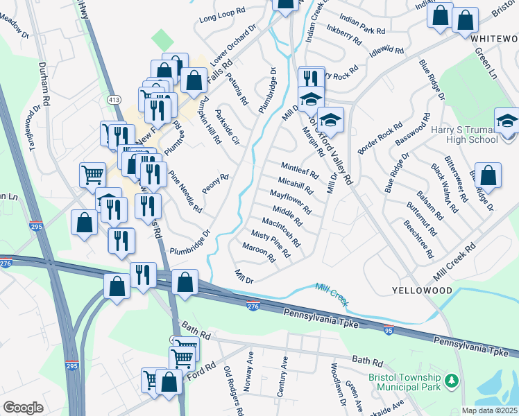 map of restaurants, bars, coffee shops, grocery stores, and more near 57 Middle Road in Levittown