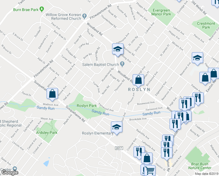 map of restaurants, bars, coffee shops, grocery stores, and more near 1257 Nolen Road in Abington