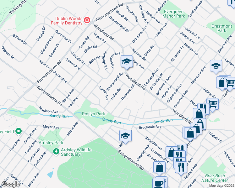 map of restaurants, bars, coffee shops, grocery stores, and more near 1257 Nolen Road in Abington