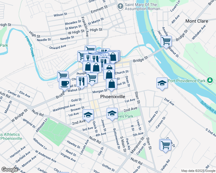 map of restaurants, bars, coffee shops, grocery stores, and more near 132 Main Street in Phoenixville