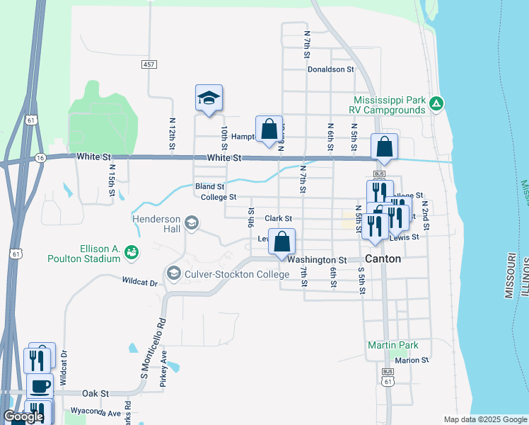 map of restaurants, bars, coffee shops, grocery stores, and more near 801-899 Clark St in Canton