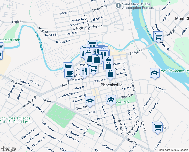 map of restaurants, bars, coffee shops, grocery stores, and more near in Phoenixville