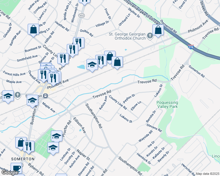 map of restaurants, bars, coffee shops, grocery stores, and more near 12 Trevose Road in Trevose