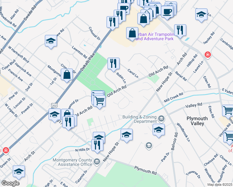 map of restaurants, bars, coffee shops, grocery stores, and more near 2120 Old Arch Road in Norristown
