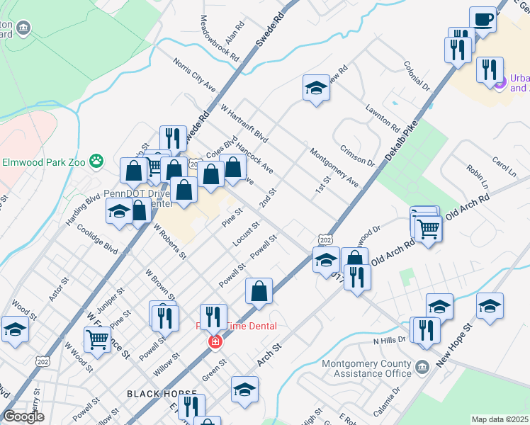 map of restaurants, bars, coffee shops, grocery stores, and more near 199 West Johnson Highway in Norristown