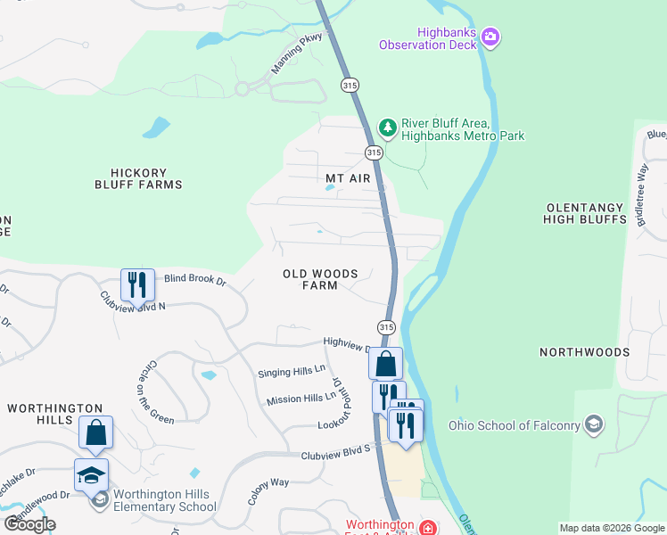 map of restaurants, bars, coffee shops, grocery stores, and more near 815 Old Woods Road in Columbus