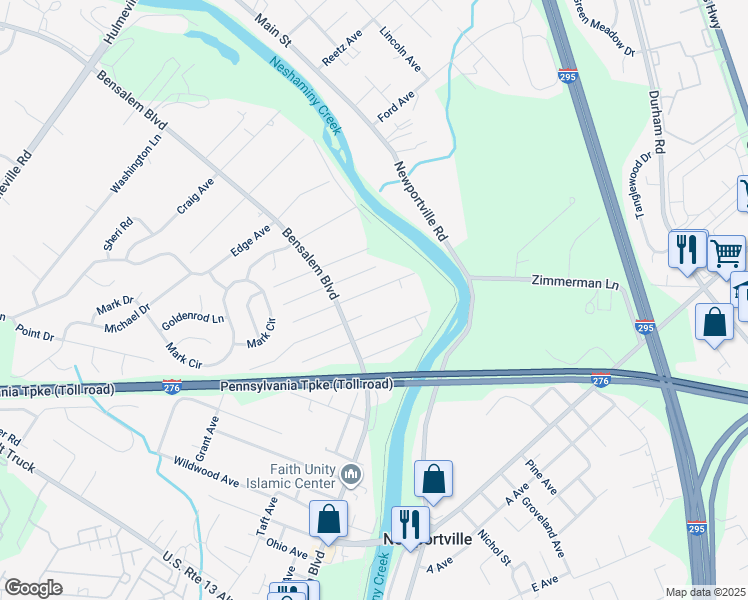 map of restaurants, bars, coffee shops, grocery stores, and more near 6349 Crescent Avenue in Bensalem